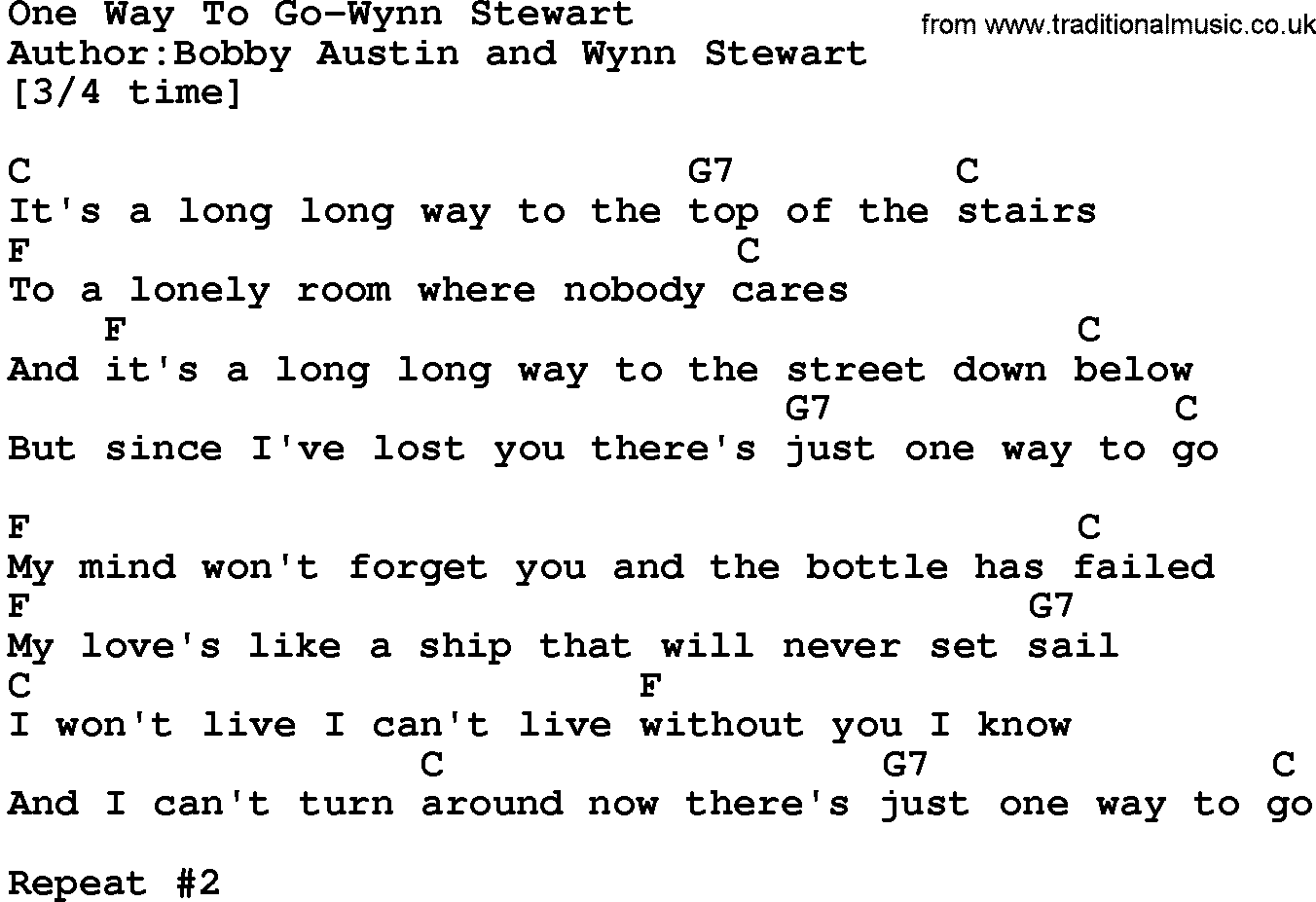 Country music song: One Way To Go-Wynn Stewart lyrics and chords