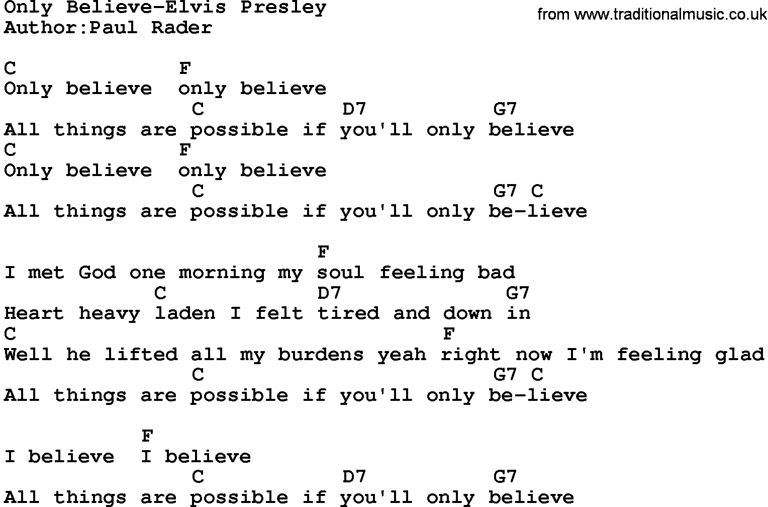 Country music song: Only Believe-Elvis Presley lyrics and chords