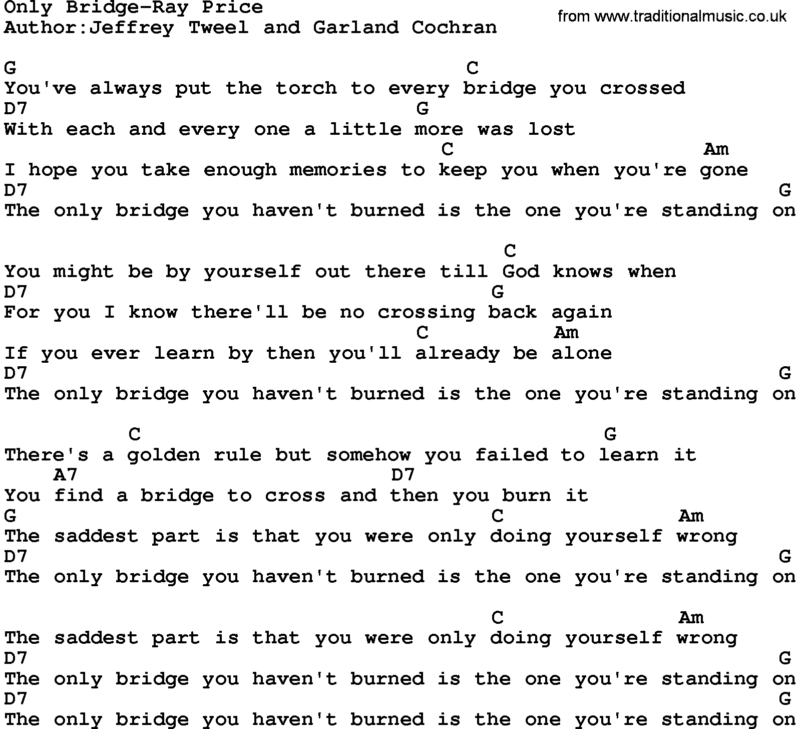 Country music song: Only Bridge-Ray Price lyrics and chords