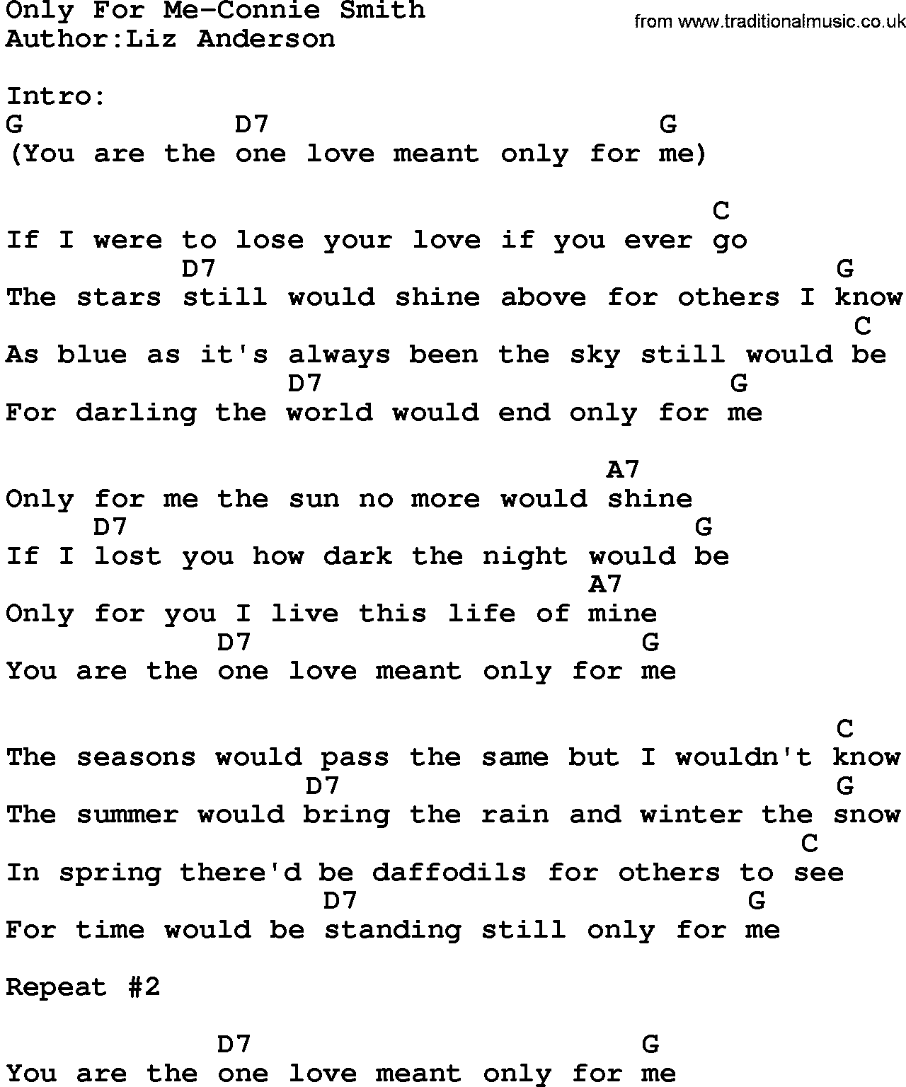 Country music song: Only For Me-Connie Smith lyrics and chords