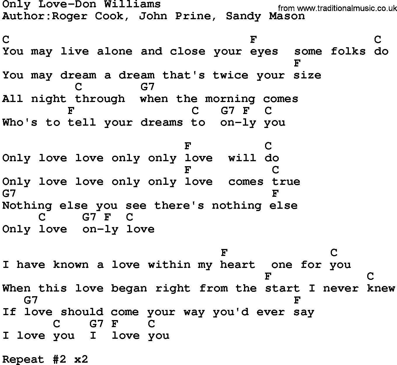 Country music song: Only Love-Don Williams lyrics and chords