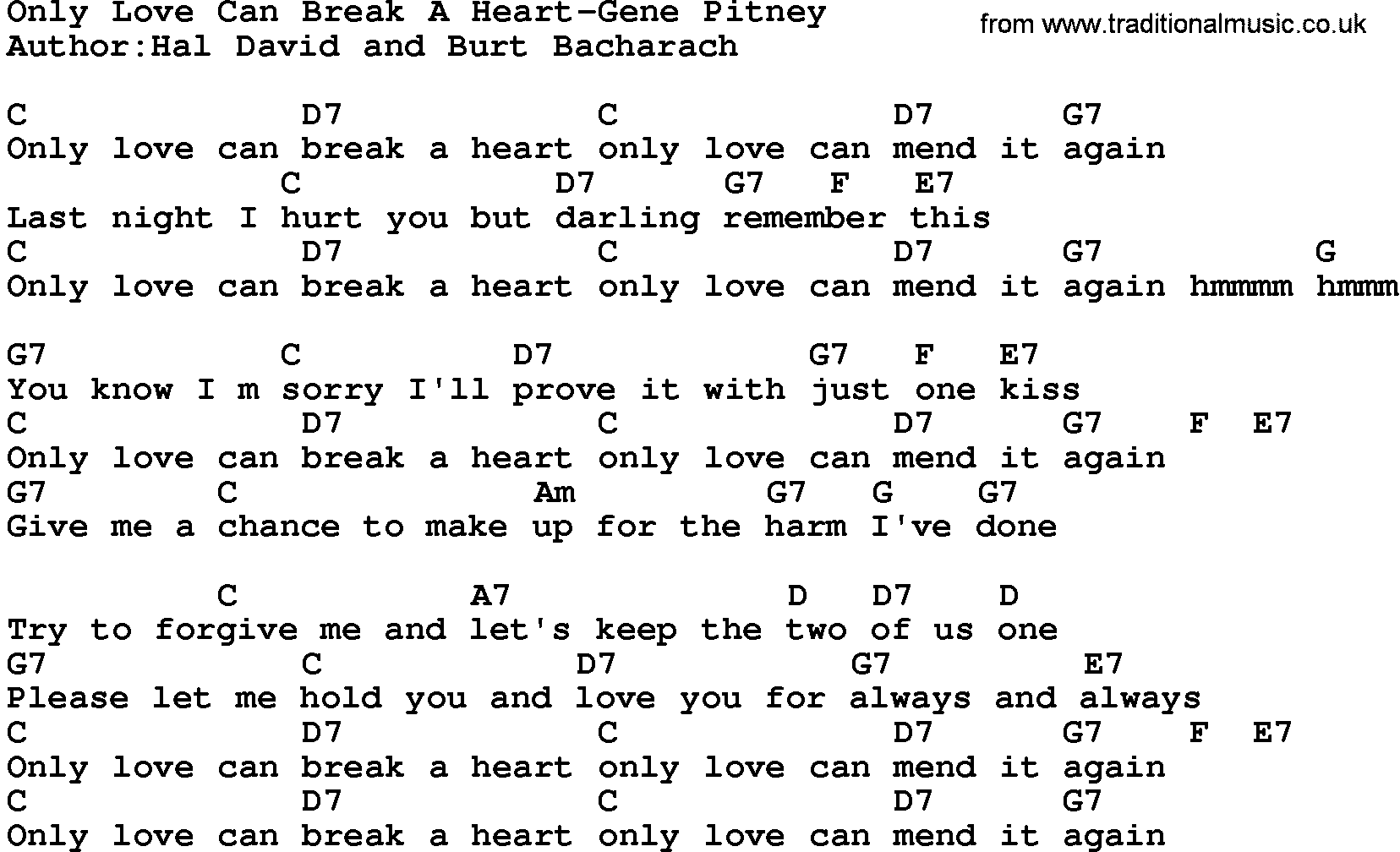 Country music song: Only Love Can Break A Heart-Gene Pitney lyrics and chords