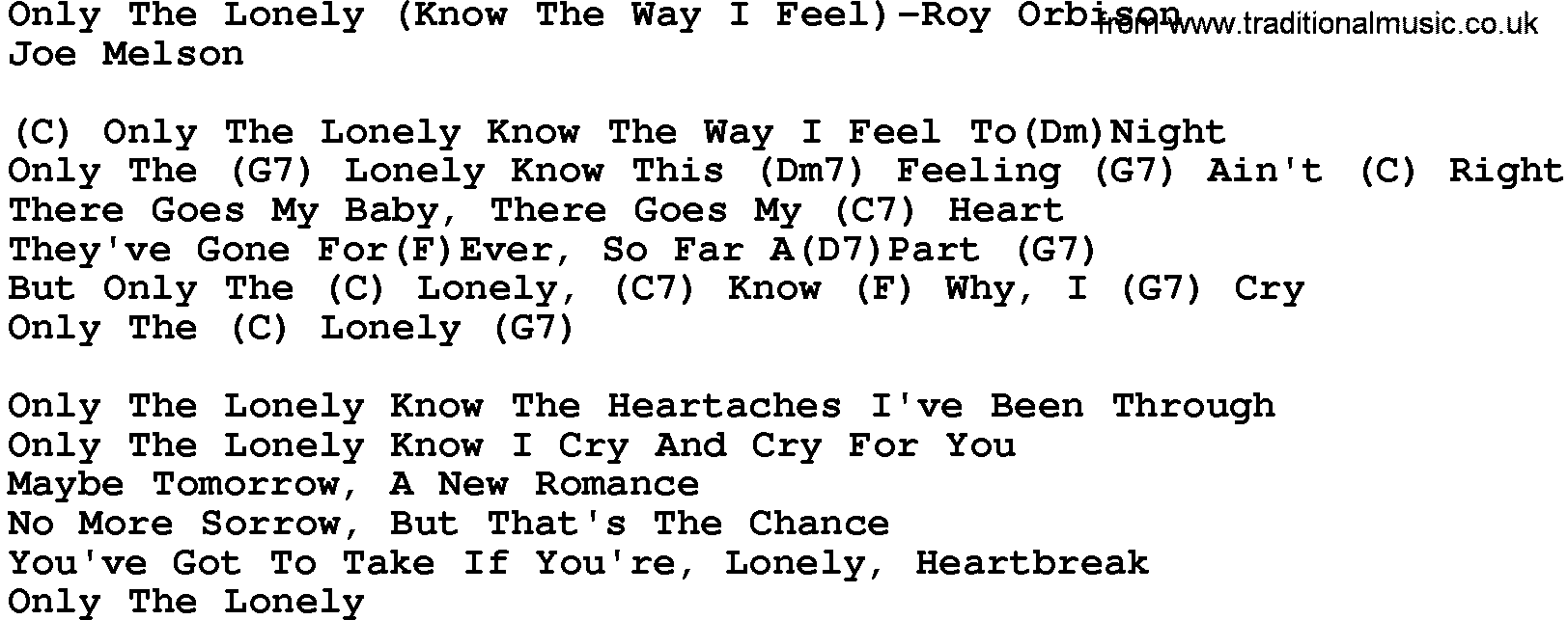 Country music song: Only The Lonely(Know The Way I Feel)-Roy Orbison lyrics and chords