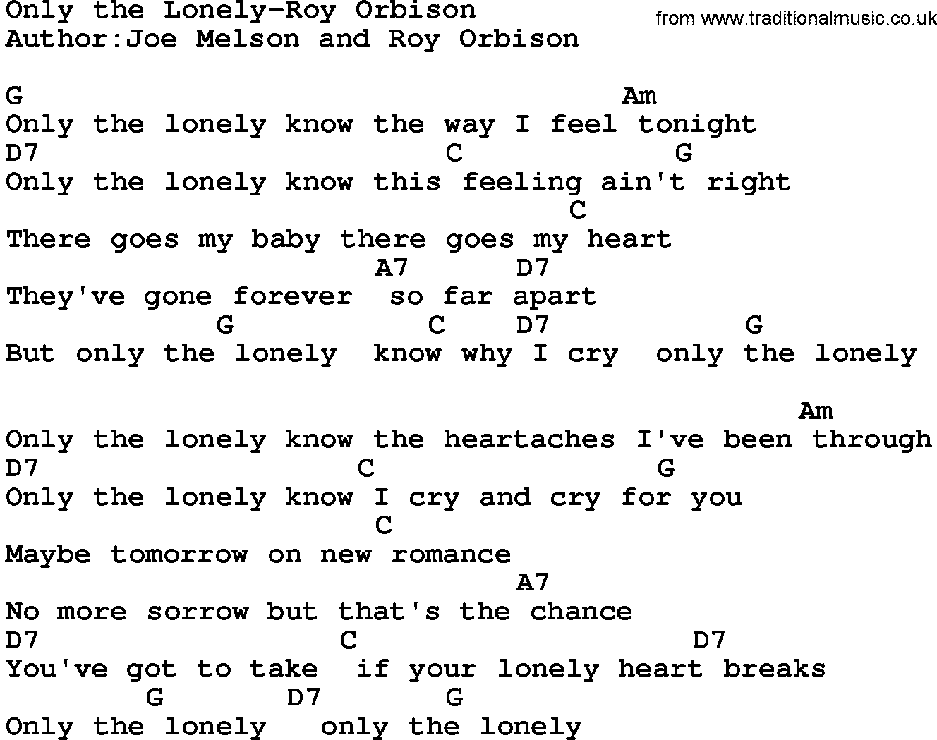 Country music song: Only The Lonely-Roy Orbison lyrics and chords