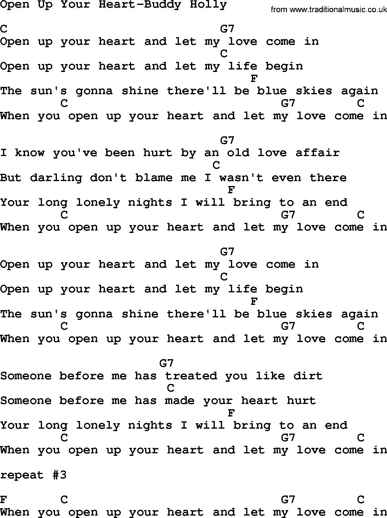 Country music song: Open Up Your Heart-Buddy Holly lyrics and chords