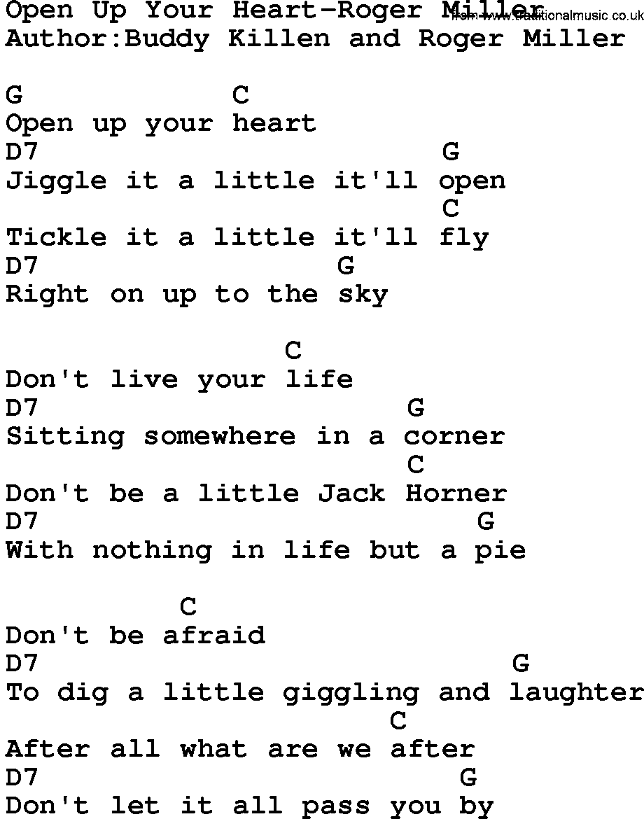 Country music song: Open Up Your Heart-Roger Miller lyrics and chords