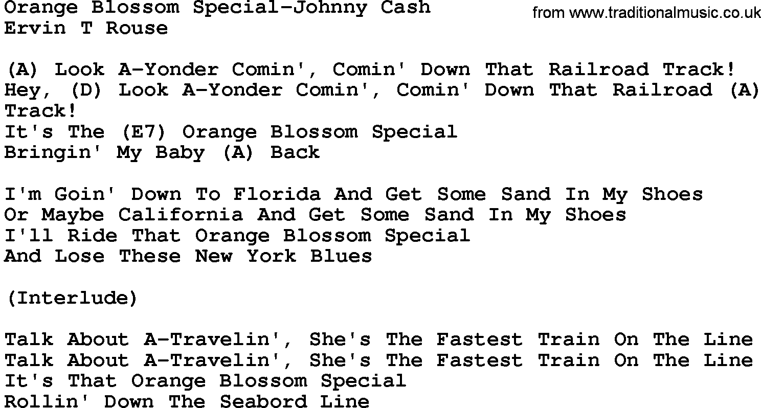 Country music song: Orange Blossom Special-Johnny Cash lyrics and chords