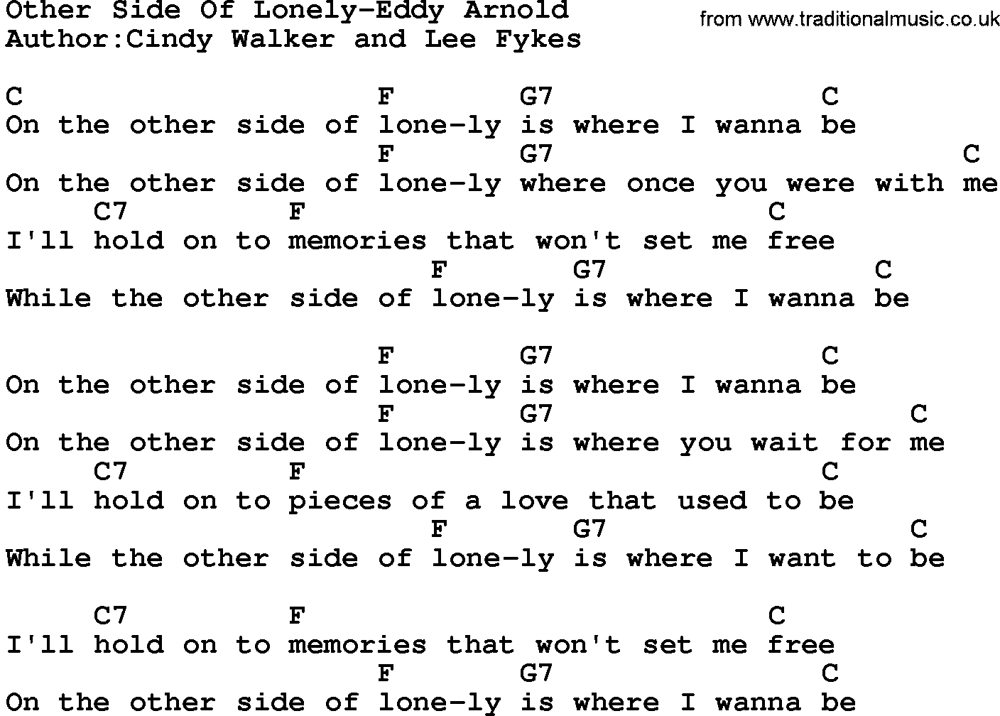 Country music song: Other Side Of Lonely-Eddy Arnold lyrics and chords
