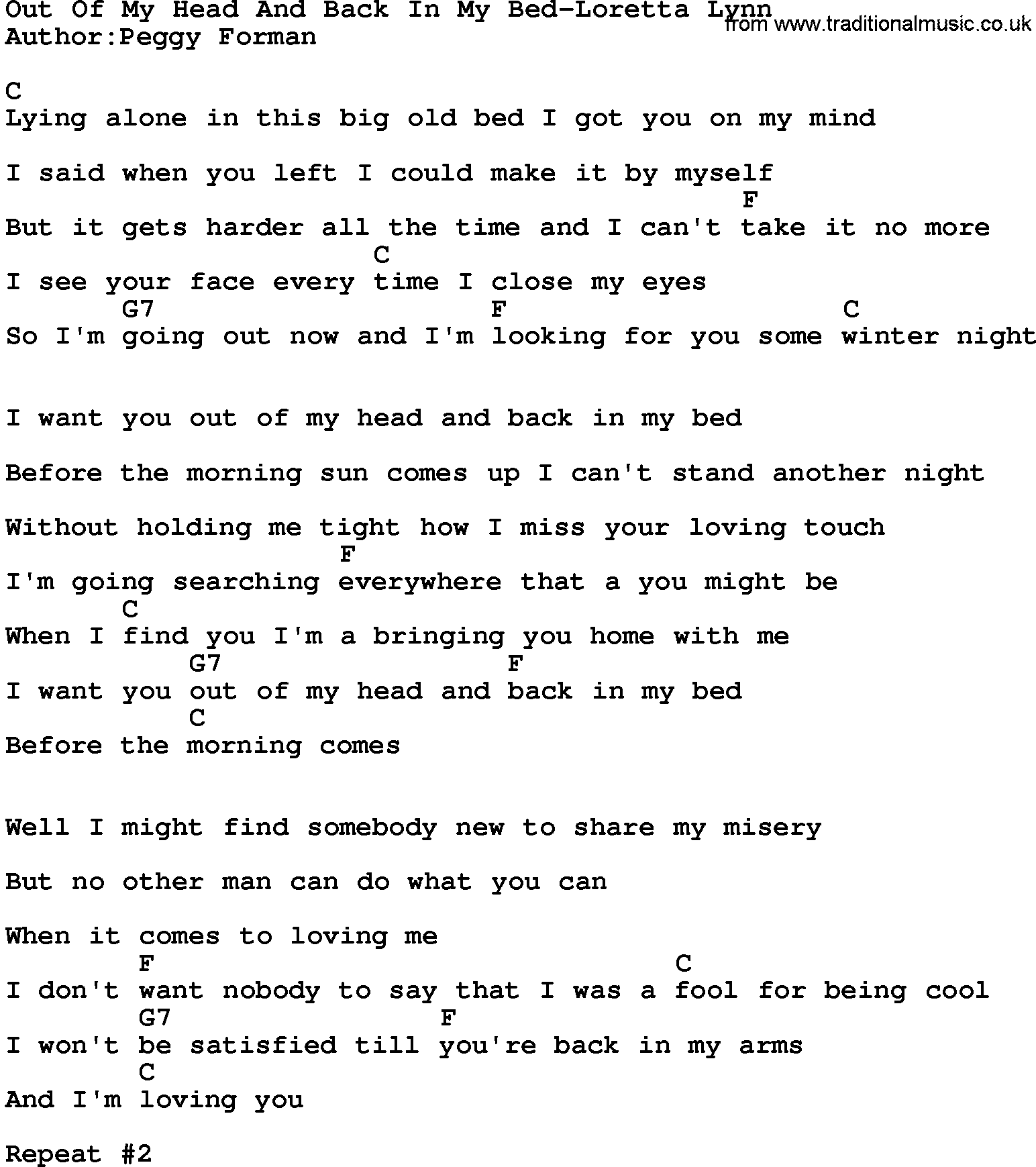 Country music song: Out Of My Head And Back In My Bed-Loretta Lynn lyrics and chords