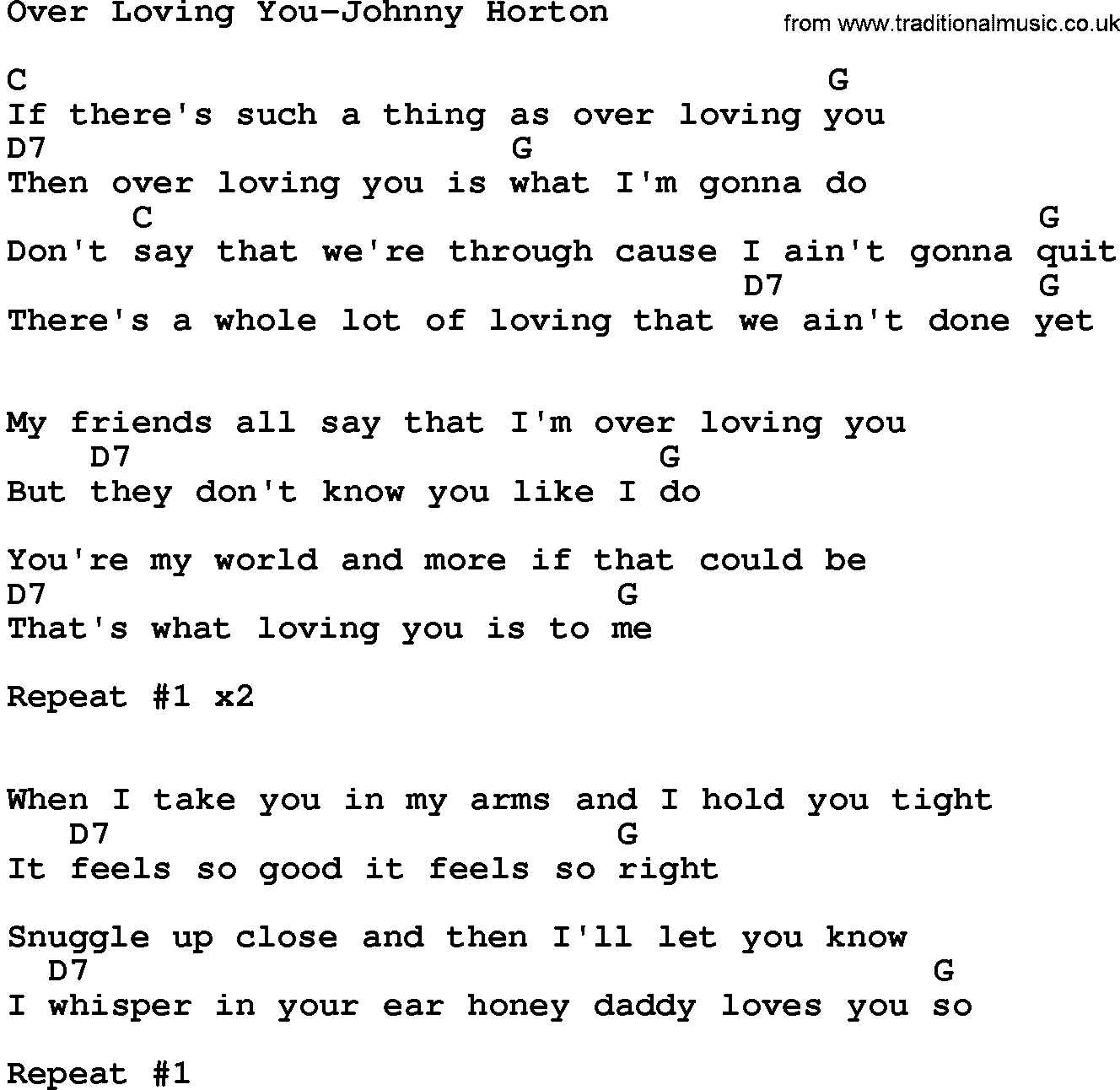 Country music song: Over Loving You-Johnny Horton lyrics and chords