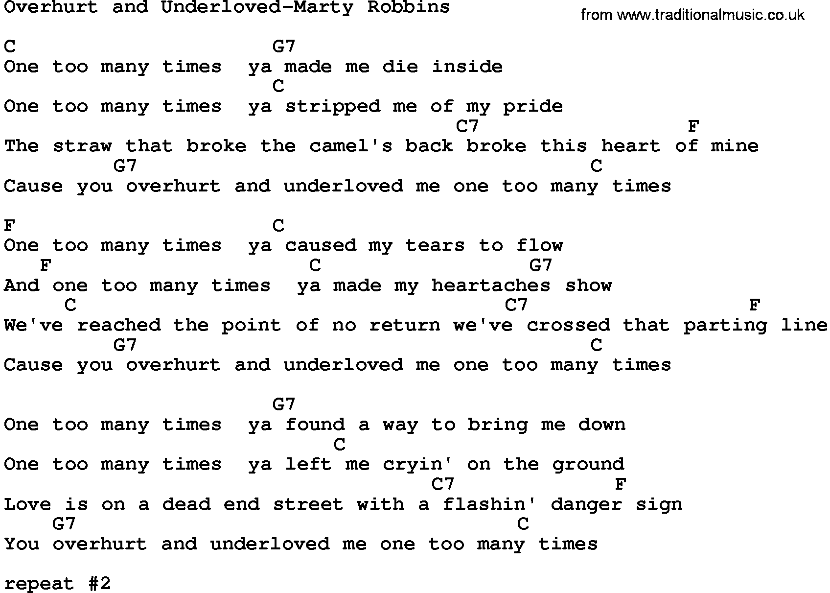 Country music song: Overhurt And Underloved-Marty Robbins lyrics and chords