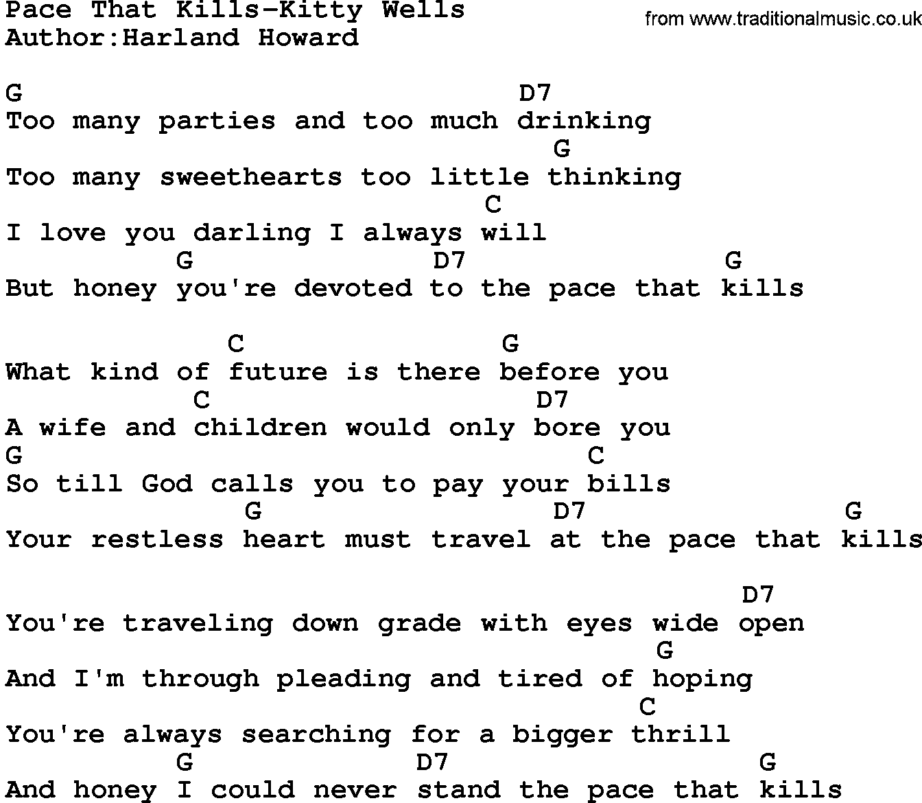 Country music song: Pace That Kills-Kitty Wells lyrics and chords