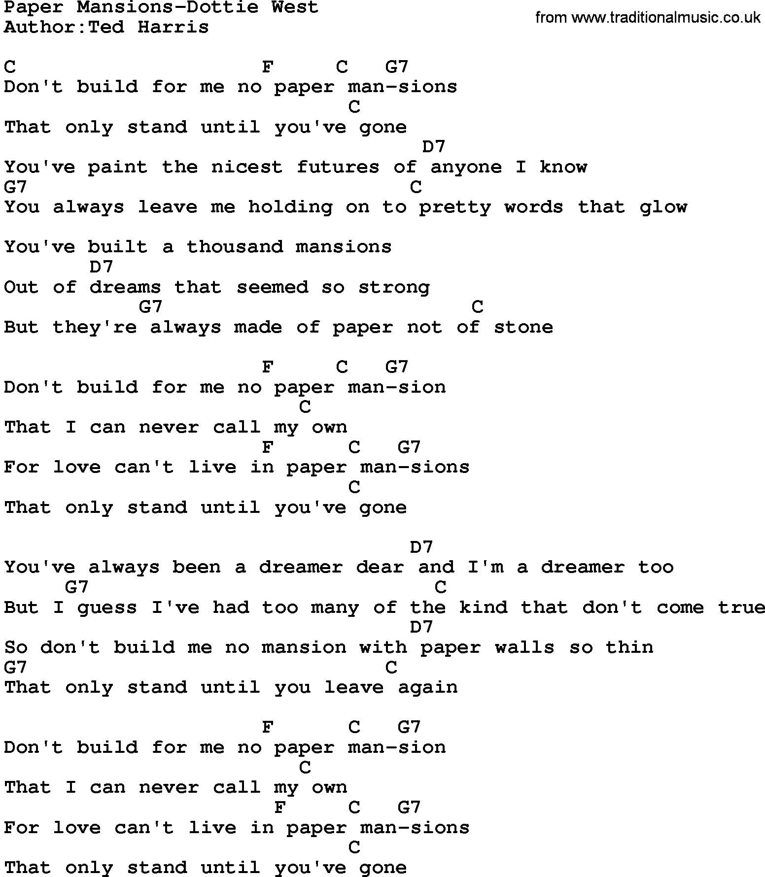 Country music song: Paper Mansions-Dottie West lyrics and chords