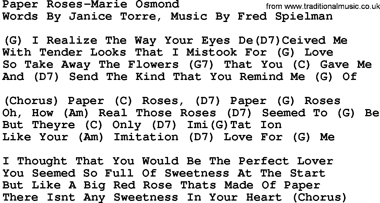 Country music song: Paper Roses-Marie Osmond lyrics and chords