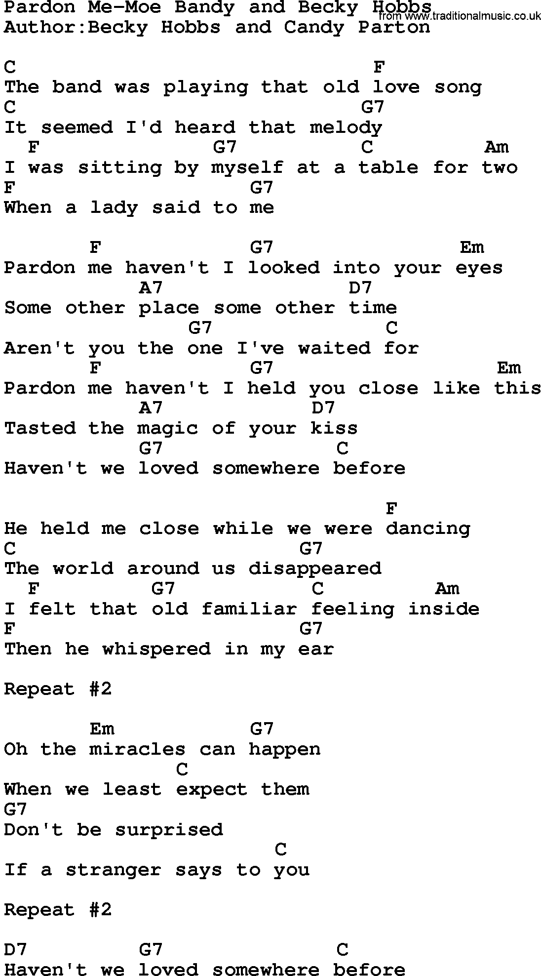 Country music song: Pardon Me-Moe Bandy And Becky Hobbs lyrics and chords