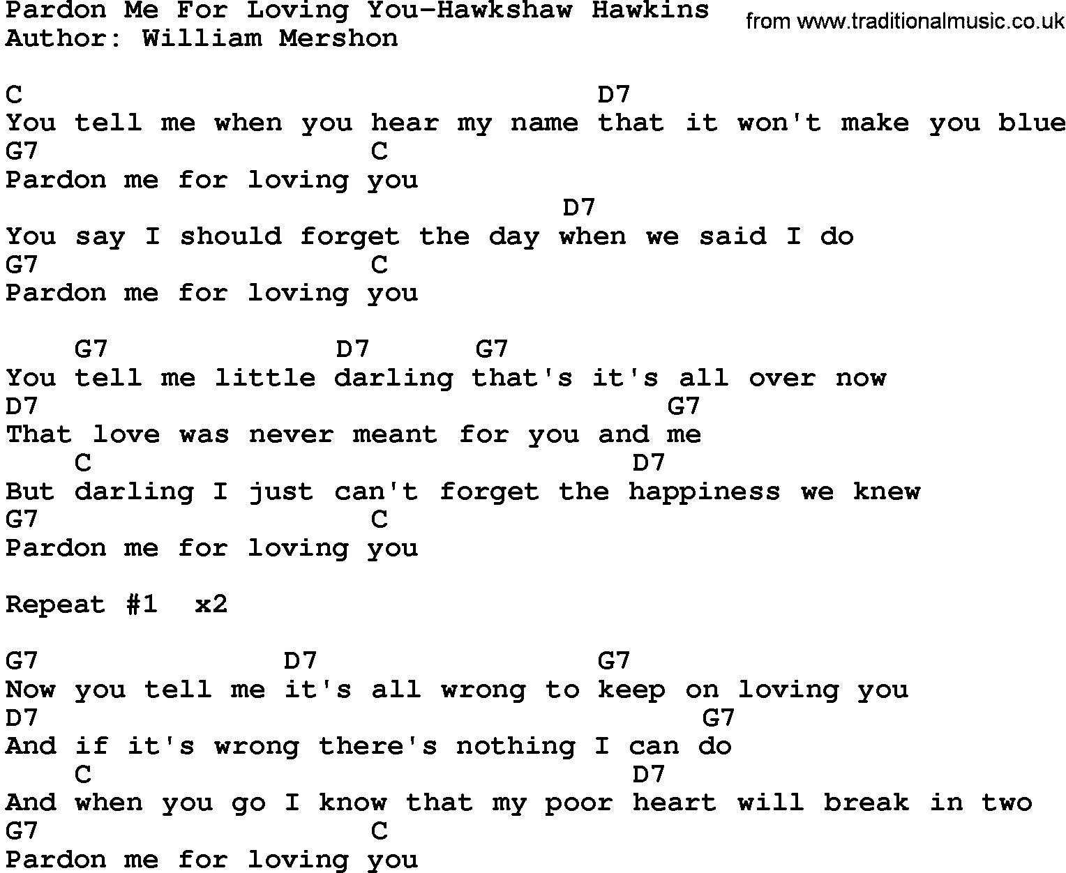 Country music song: Pardon Me For Loving You-Hawkshaw Hawkins lyrics and chords