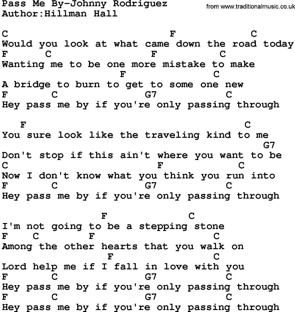 Country music song: Pass Me By-Johnny Rodriguez lyrics and chords