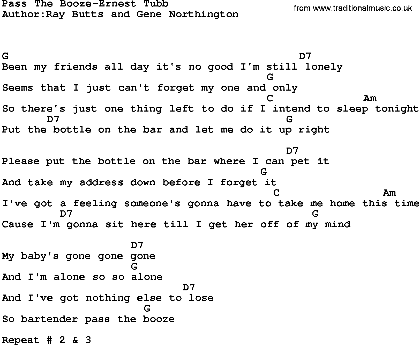 Country music song: Pass The Booze-Ernest Tubb lyrics and chords