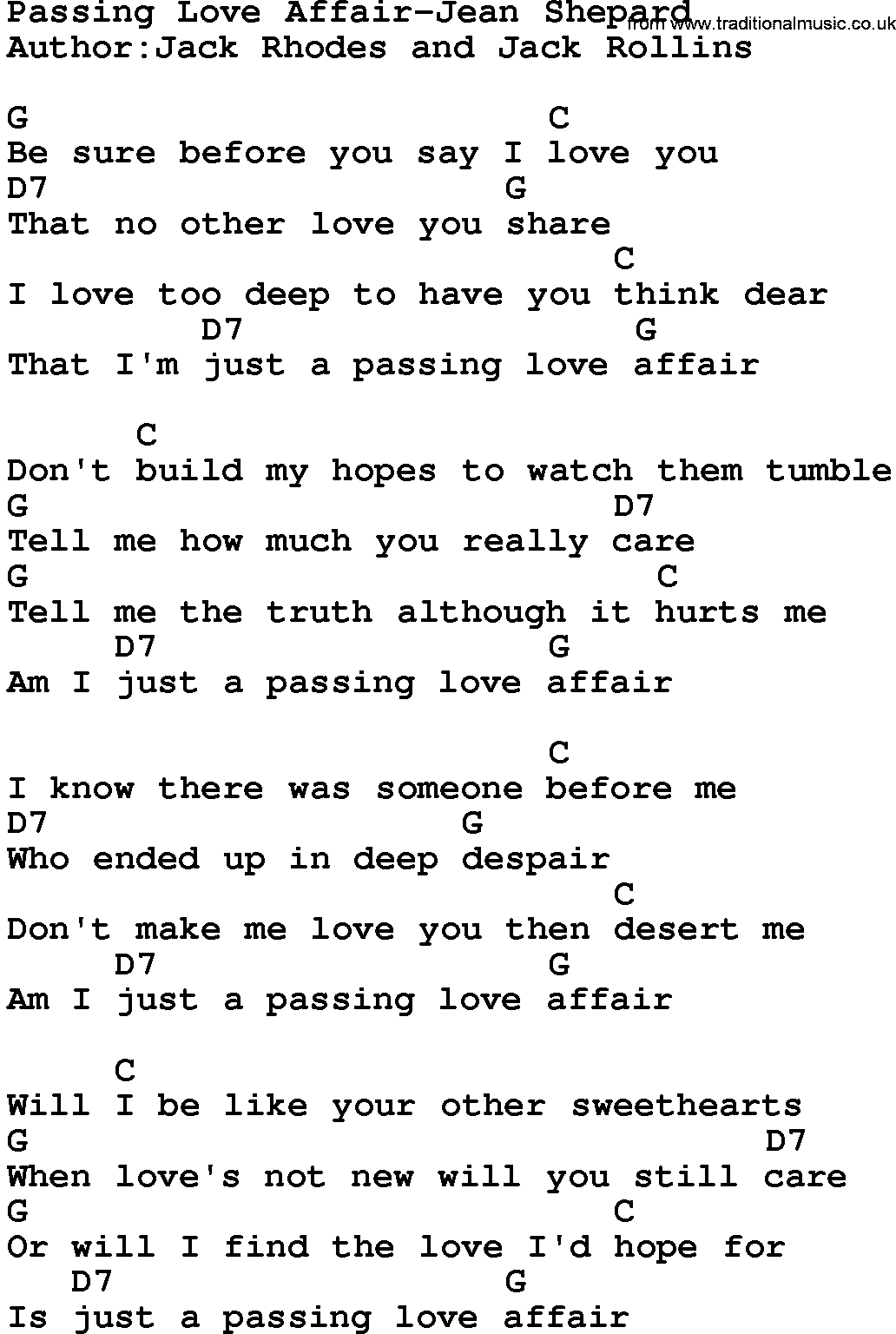 Country music song: Passing Love Affair-Jean Shepard lyrics and chords