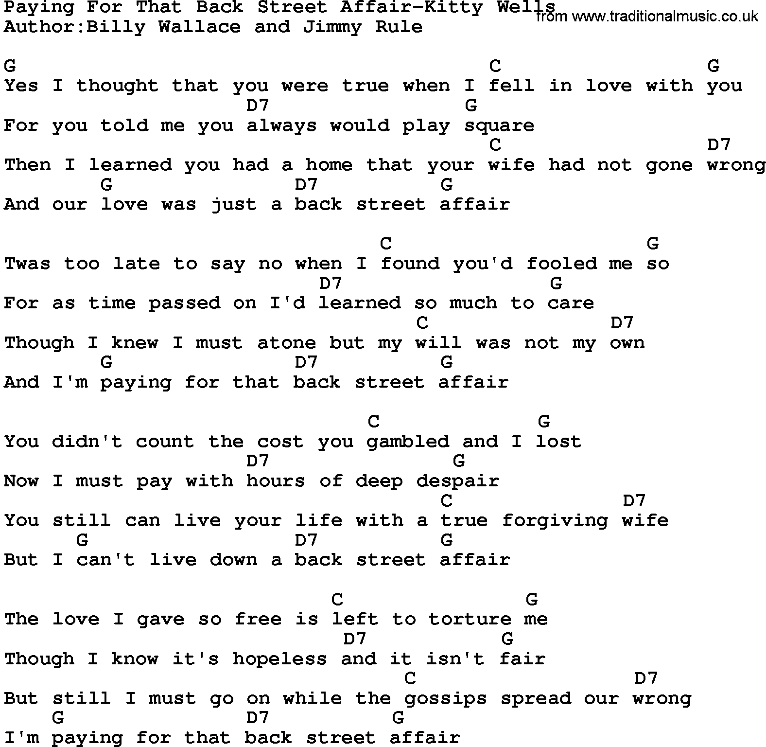 Country music song: Paying For That Back Street Affair-Kitty Wells lyrics and chords