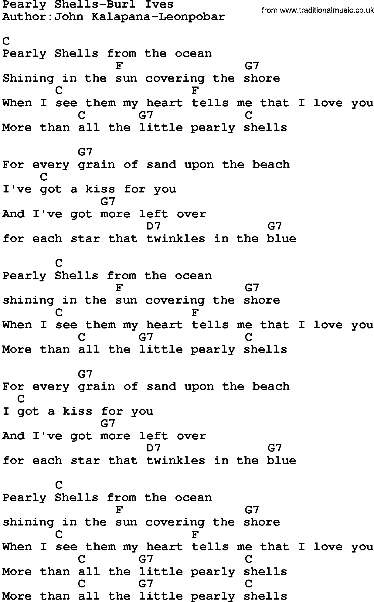 Country music song: Pearly Shells-Burl Ives lyrics and chords