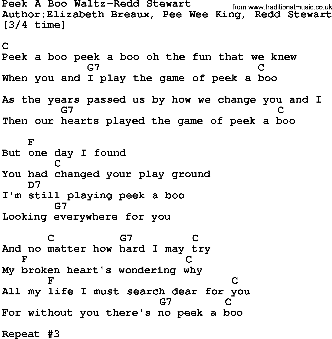 Country music song: Peek A Boo Waltz-Redd Stewart lyrics and chords