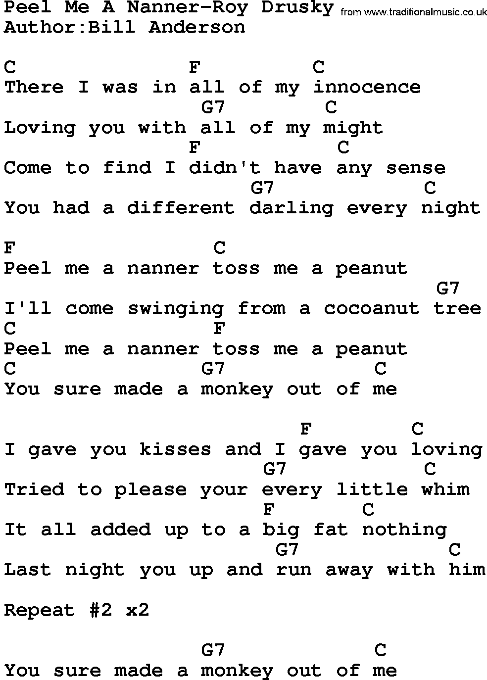 Country music song: Peel Me A Nanner-Roy Drusky lyrics and chords