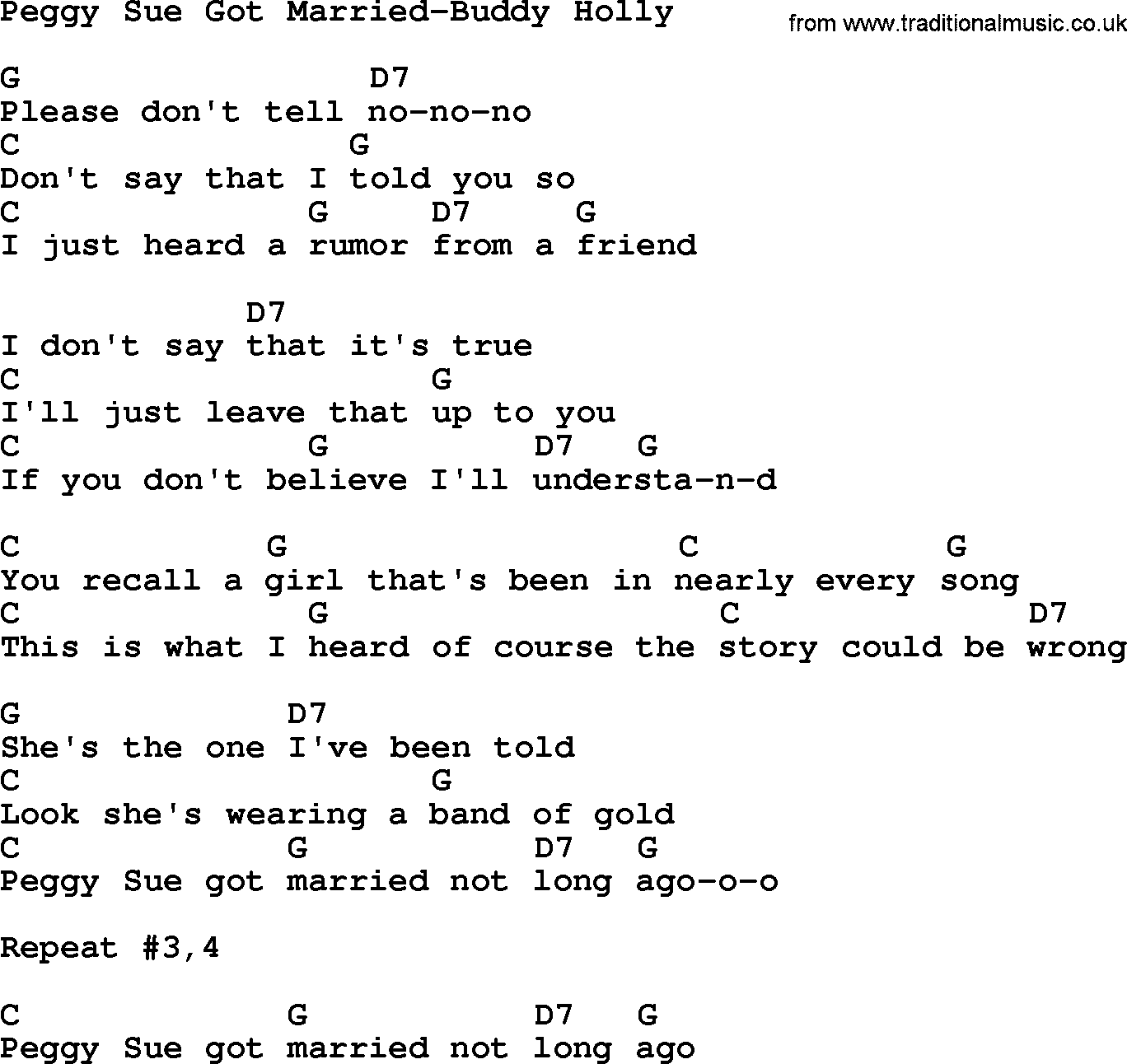 Country music song: Peggy Sue Got Married-Buddy Holly lyrics and chords