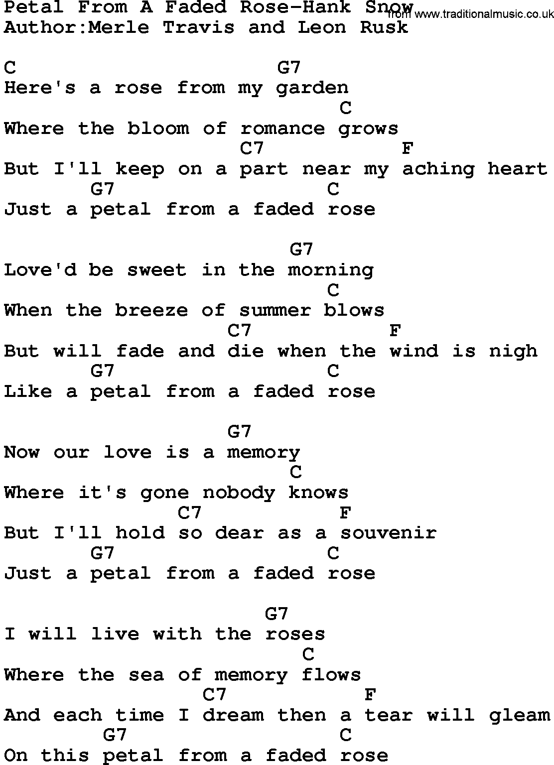 Country music song: Petal From A Faded Rose-Hank Snow lyrics and chords