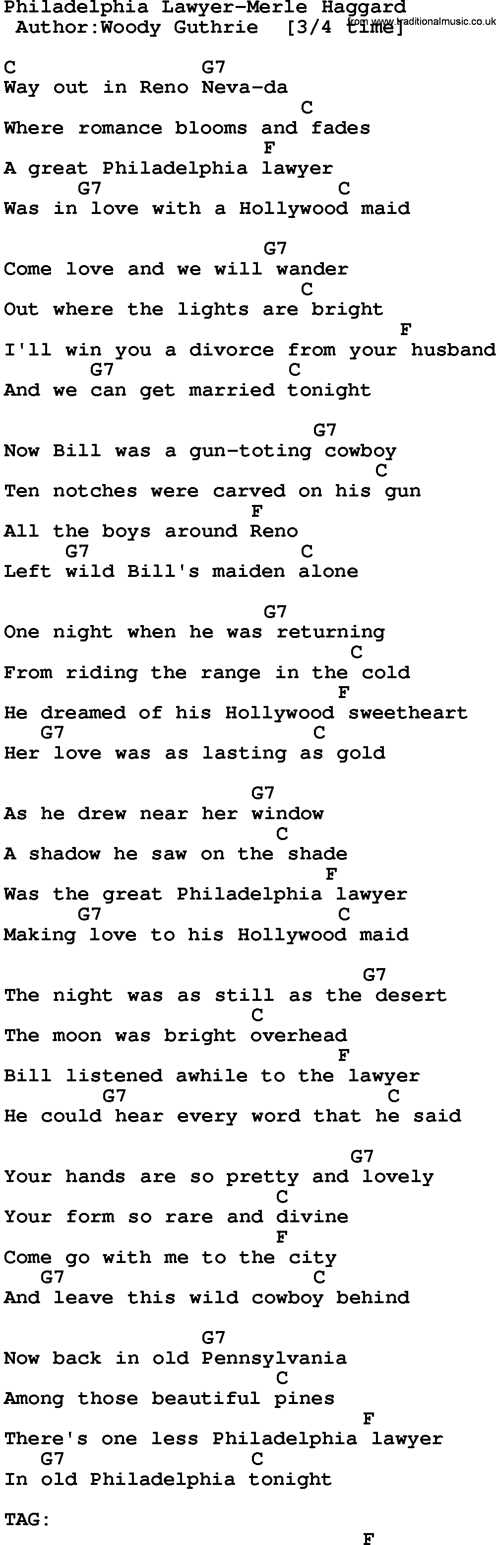 Country music song: Philadelphia Lawyer-Merle Haggard lyrics and chords
