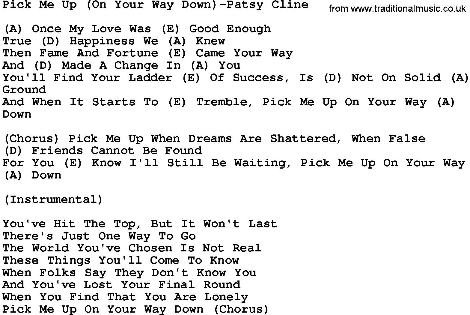 Country music song: Pick Me Up(On Your Way Down)-Patsy Cline lyrics and chords