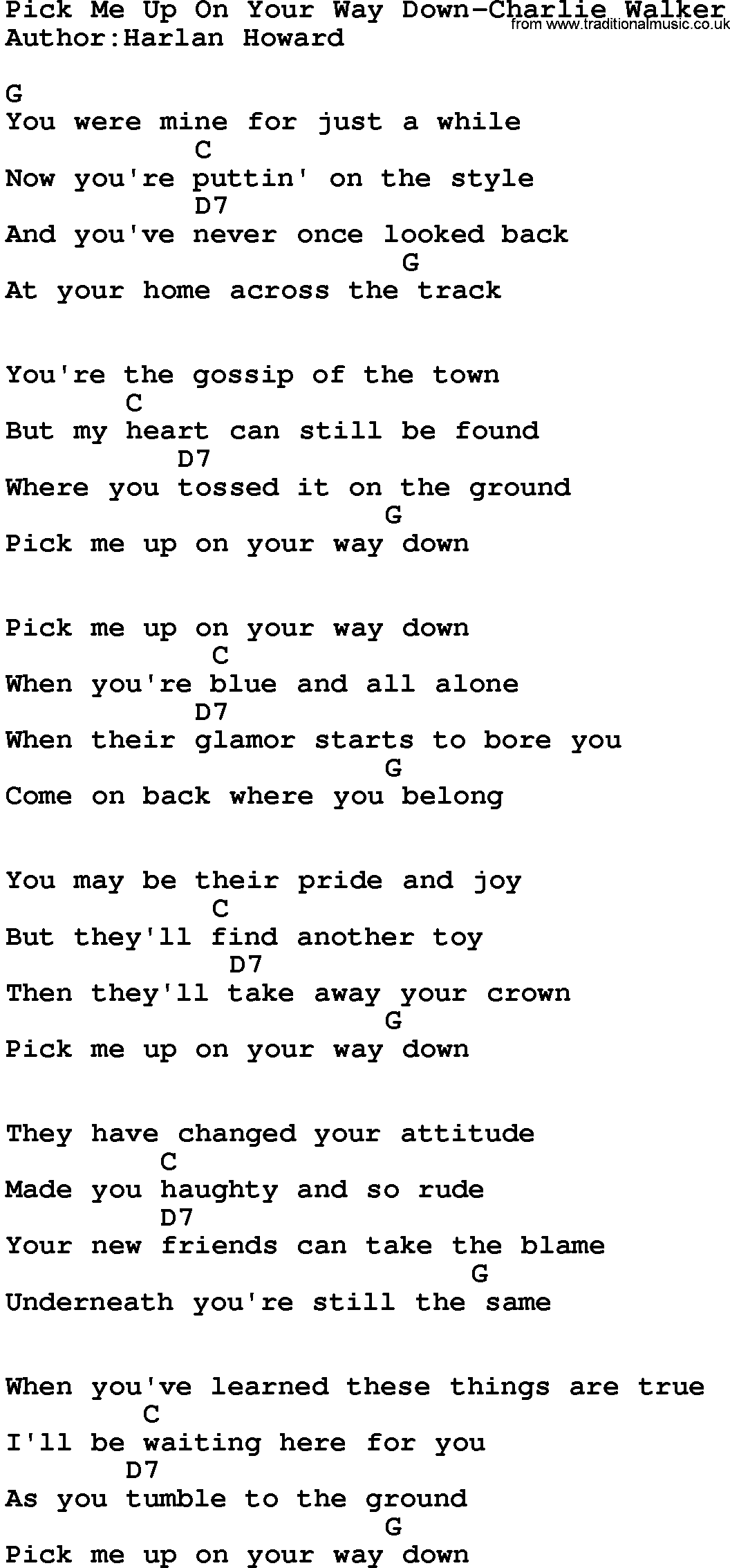 Country music song: Pick Me Up On Your Way Down-Charlie Walker lyrics and chords