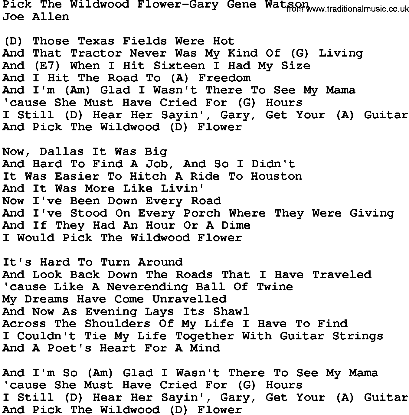 Country music song: Pick The Wildwood Flower-Gary Gene Watson lyrics and chords