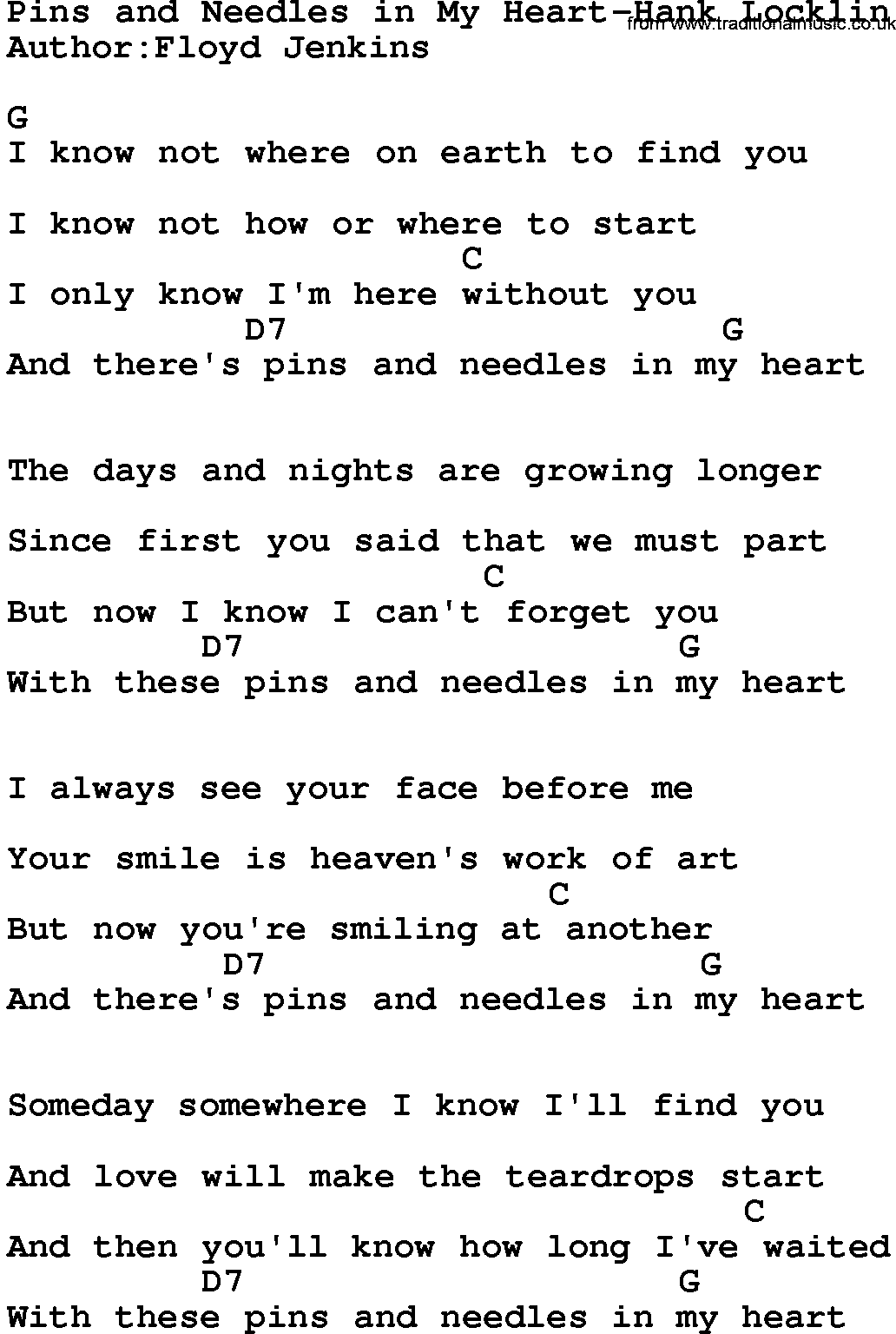 Country music song: Pins And Needles In My Heart-Hank Locklin lyrics and chords