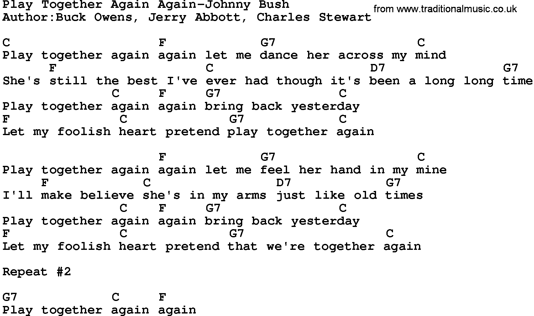 Country music song: Play Together Again Again-Johnny Bush lyrics and chords