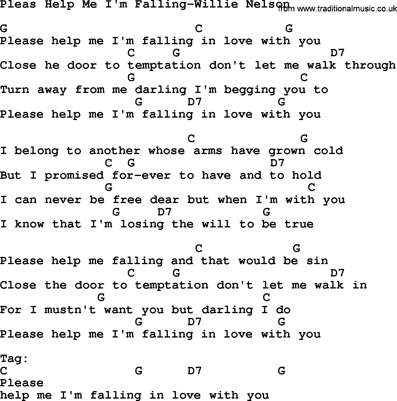 Country music song: Pleas Help Me I'm Falling-Willie Nelson lyrics and chords