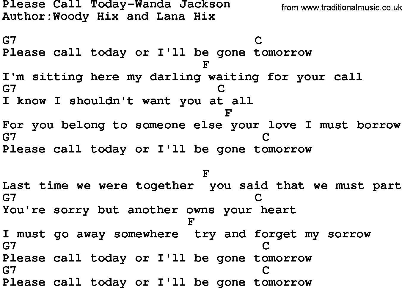 Country music song: Please Call Today-Wanda Jackson lyrics and chords