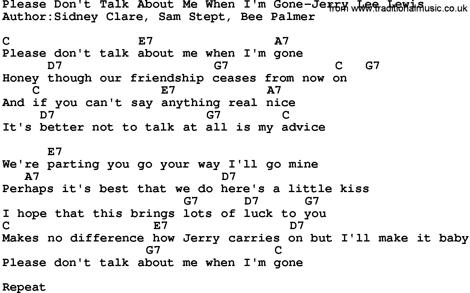 Country Music Please Don T Talk About Me When I M Gone Jerry Lee Lewis Lyrics And Chords All lyrics, chords & sheet music arrangement on this site are provided for educational purposes only. traditional music library