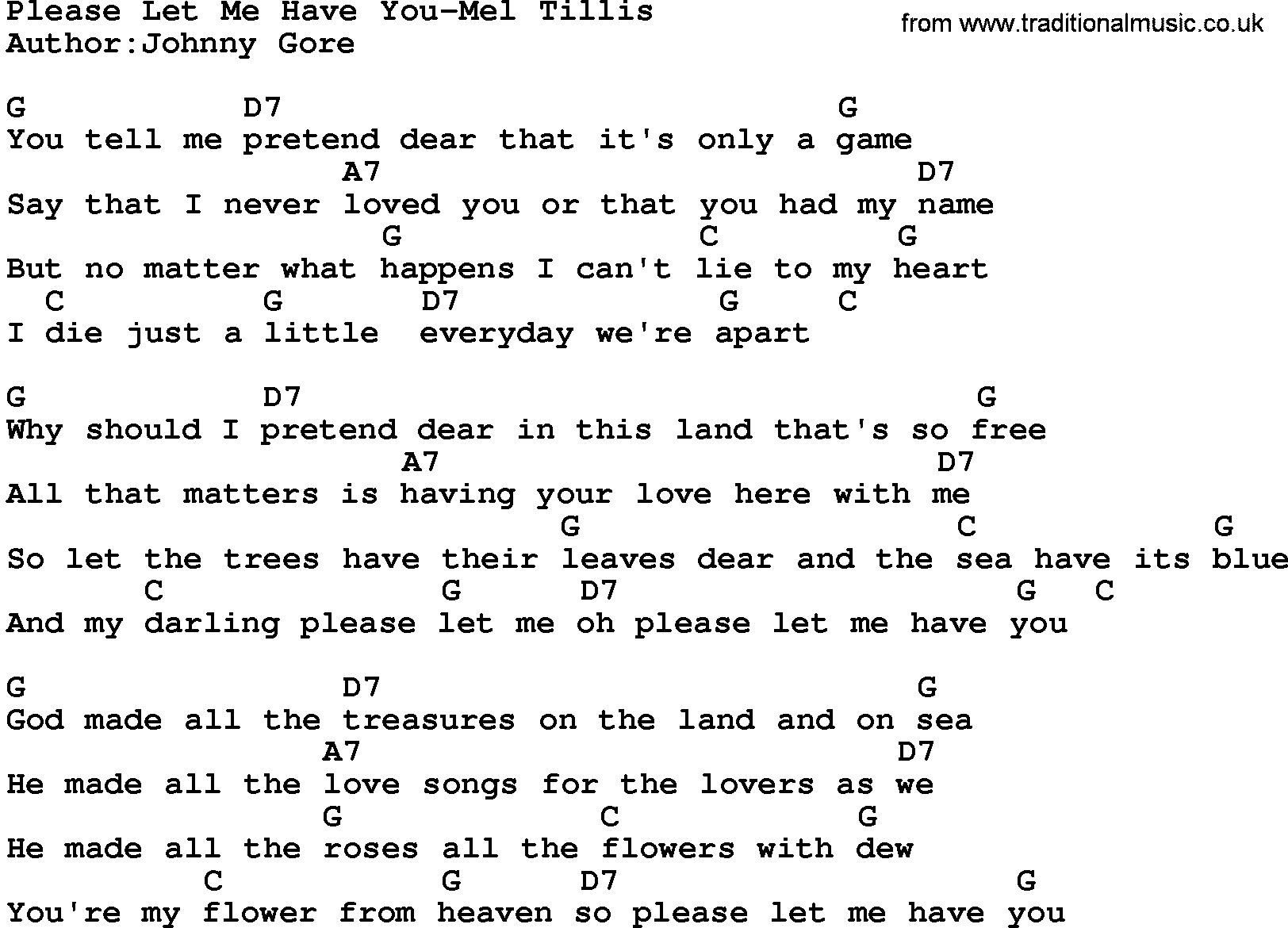 Country music song: Please Let Me Have You-Mel Tillis lyrics and chords