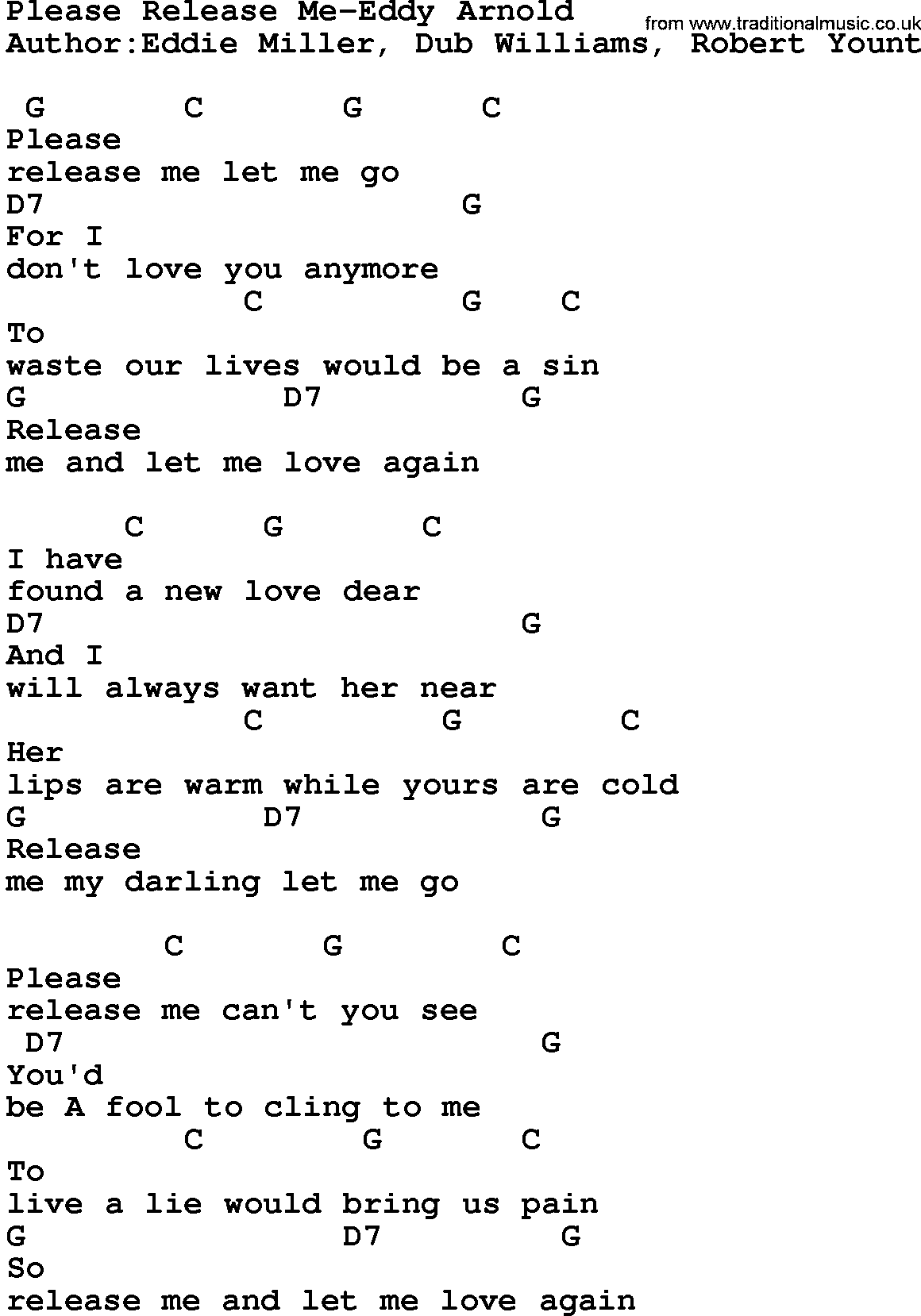 Country music song: Please Release Me-Eddy Arnold lyrics and chords