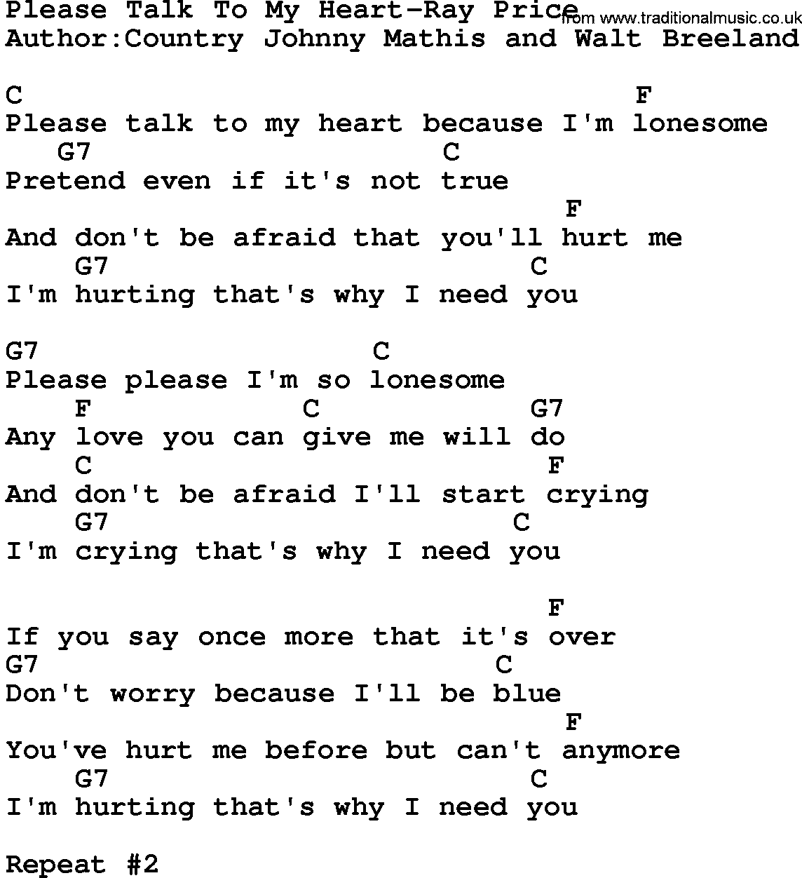 Country music song: Please Talk To My Heart-Ray Price lyrics and chords