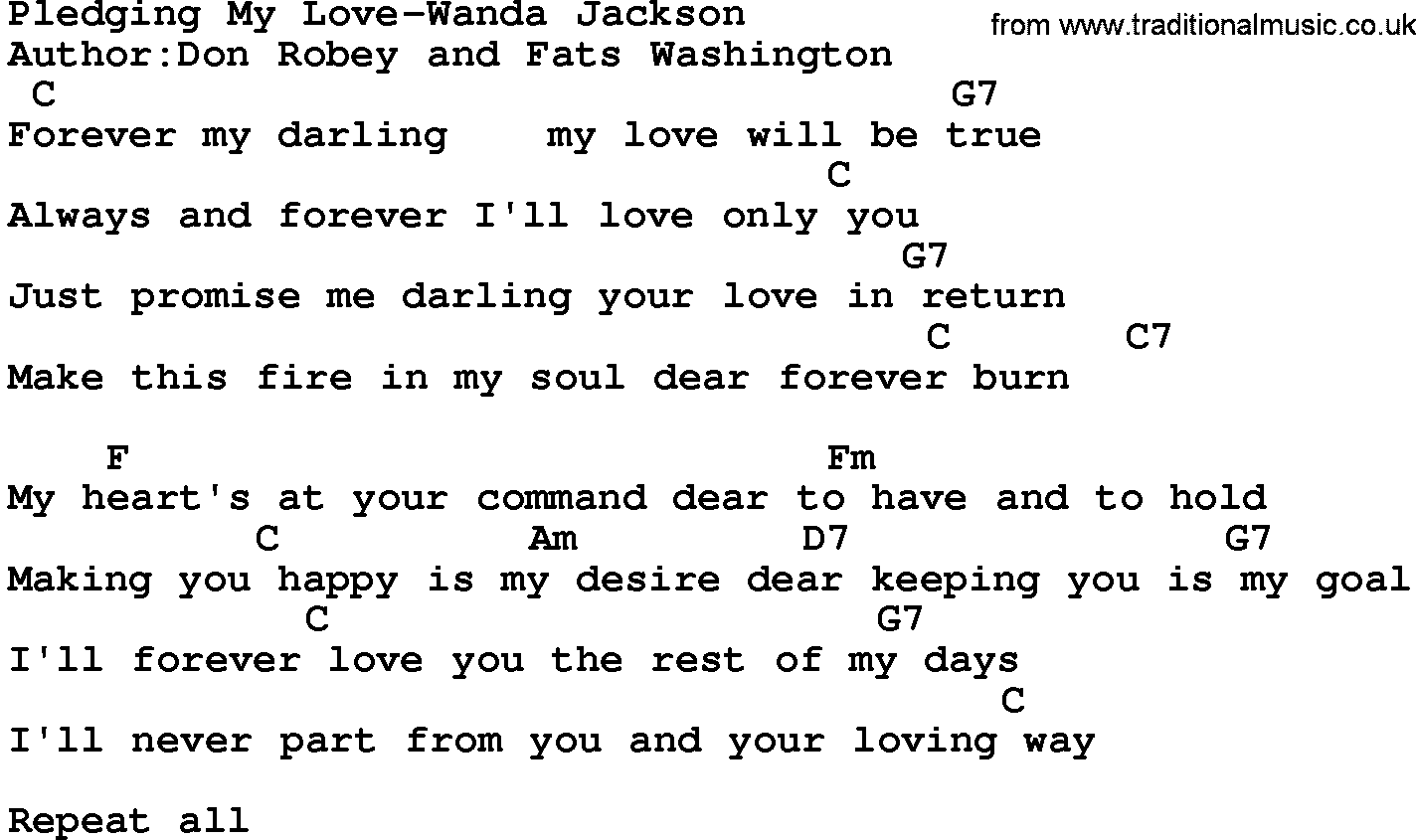 Country music song: Pledging My Love-Wanda Jackson lyrics and chords
