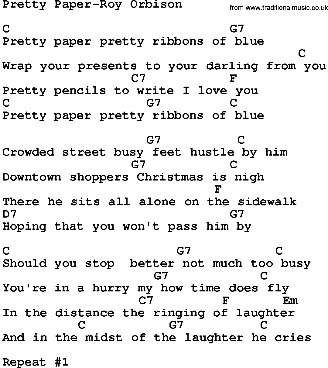 Country music song: Pretty Paper-Roy Orbison  lyrics and chords