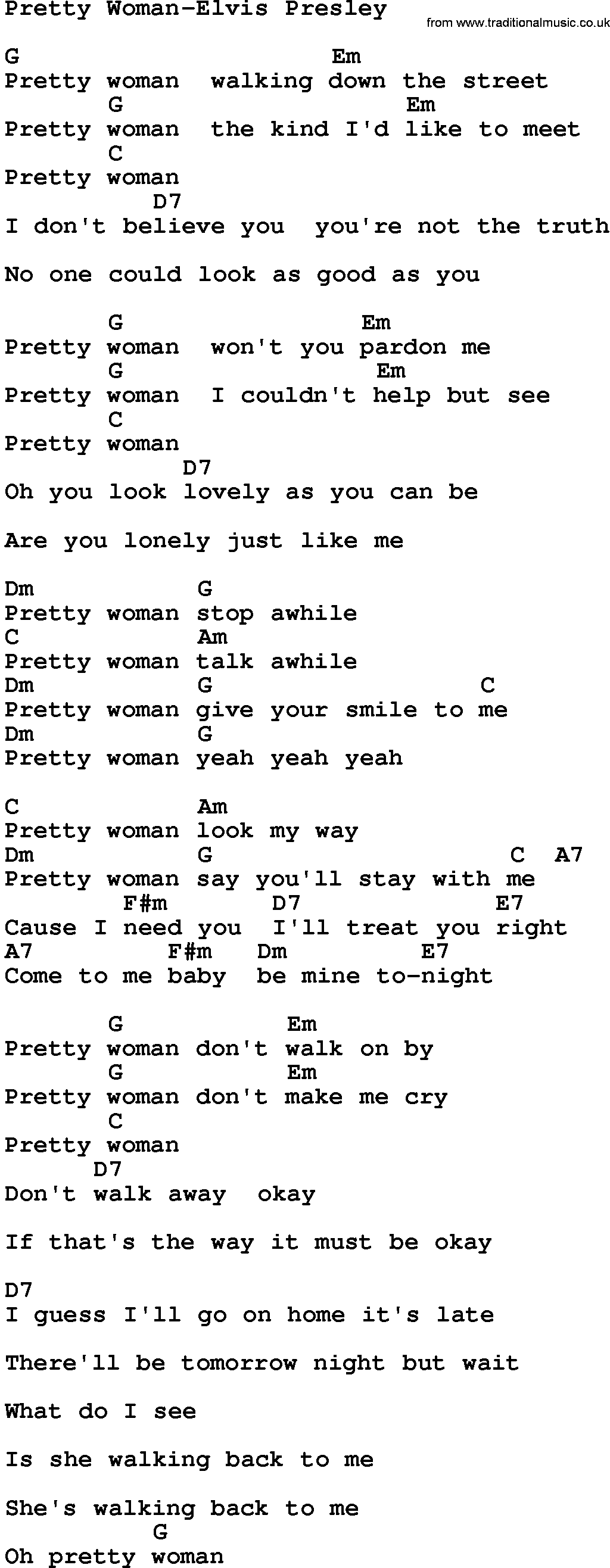 Country music song: Pretty Woman-Elvis Presley lyrics and chords