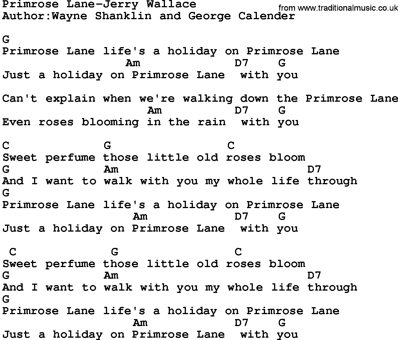 Country music song: Primrose Lane-Jerry Wallace lyrics and chords