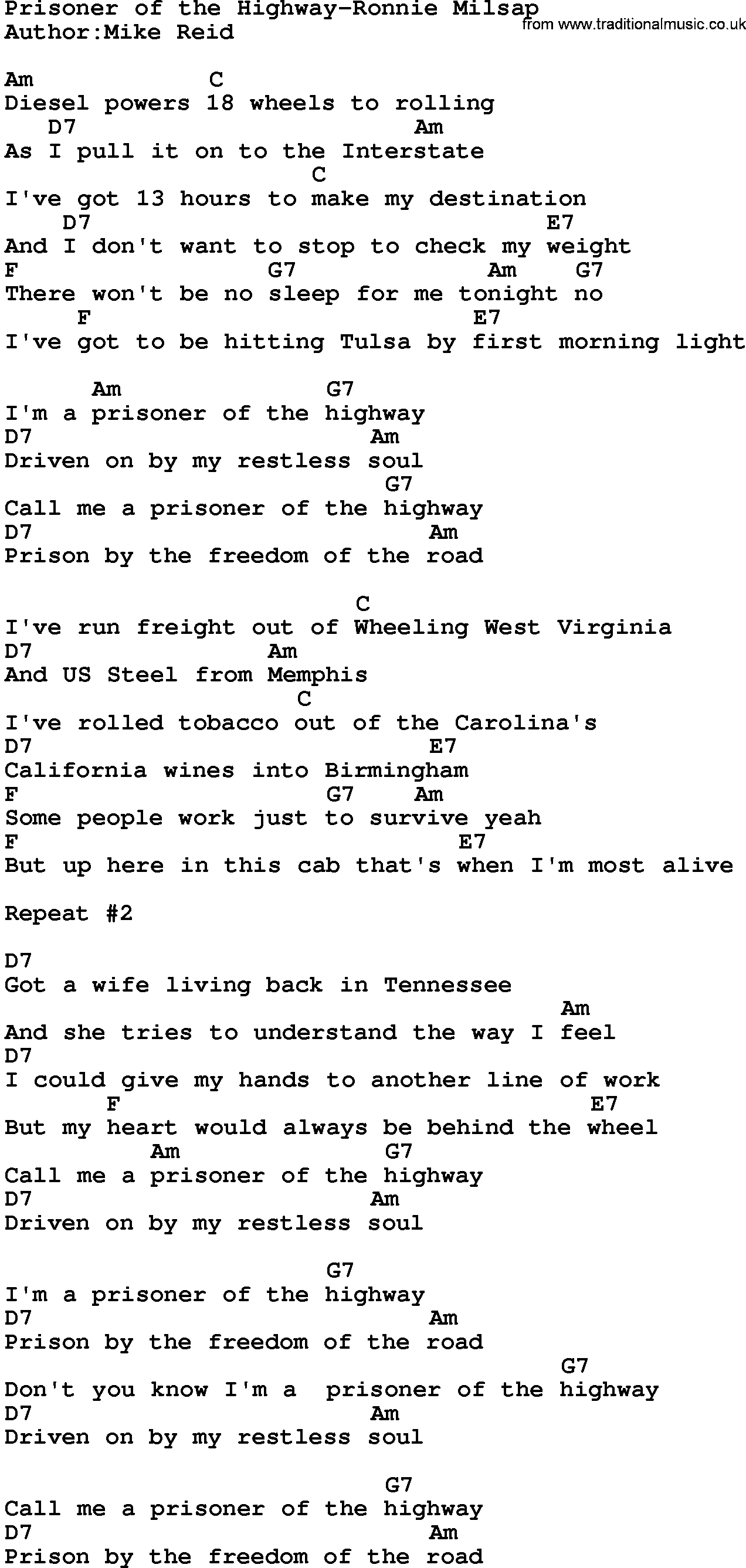 Country music song: Prisoner Of The Highway-Ronnie Milsap lyrics and chords