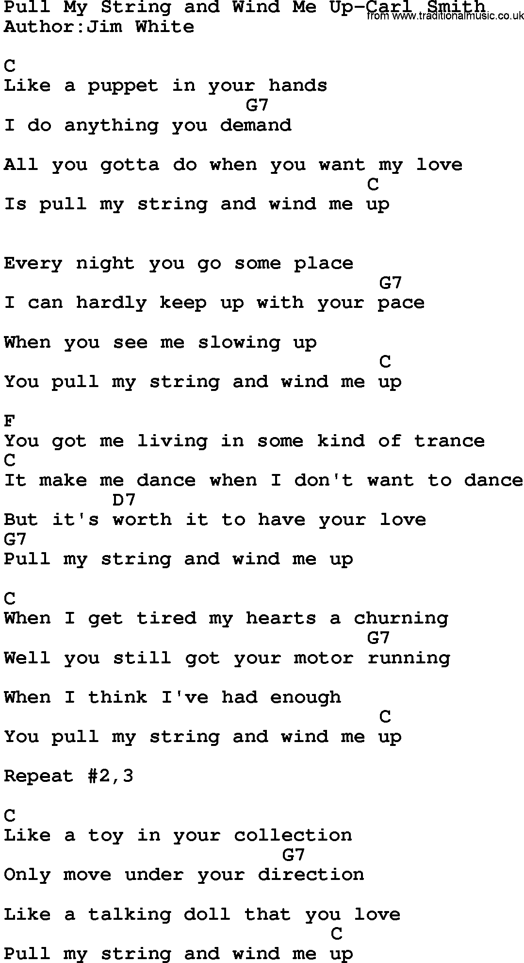Country music song: Pull My String And Wind Me Up-Carl Smith lyrics and chords