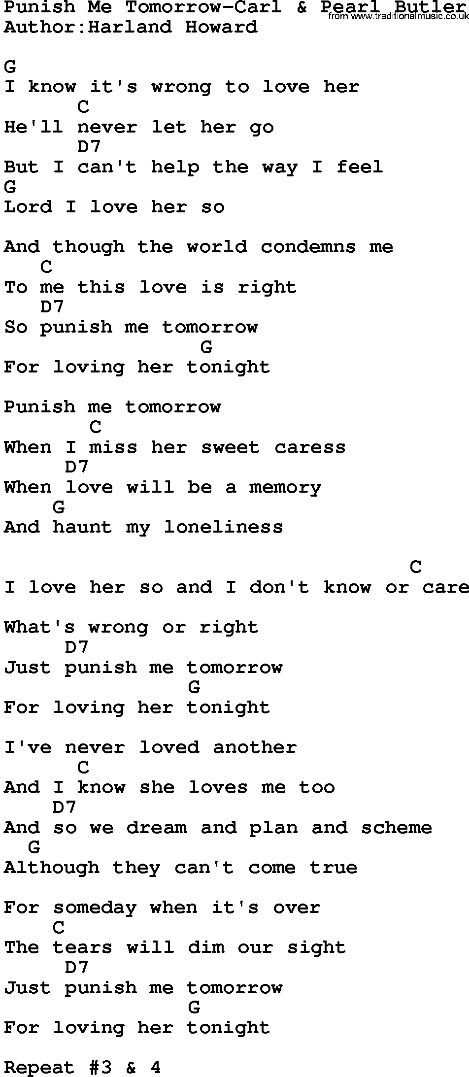 Country music song: Punish Me Tomorrow-Carl & Pearl Butler lyrics and chords