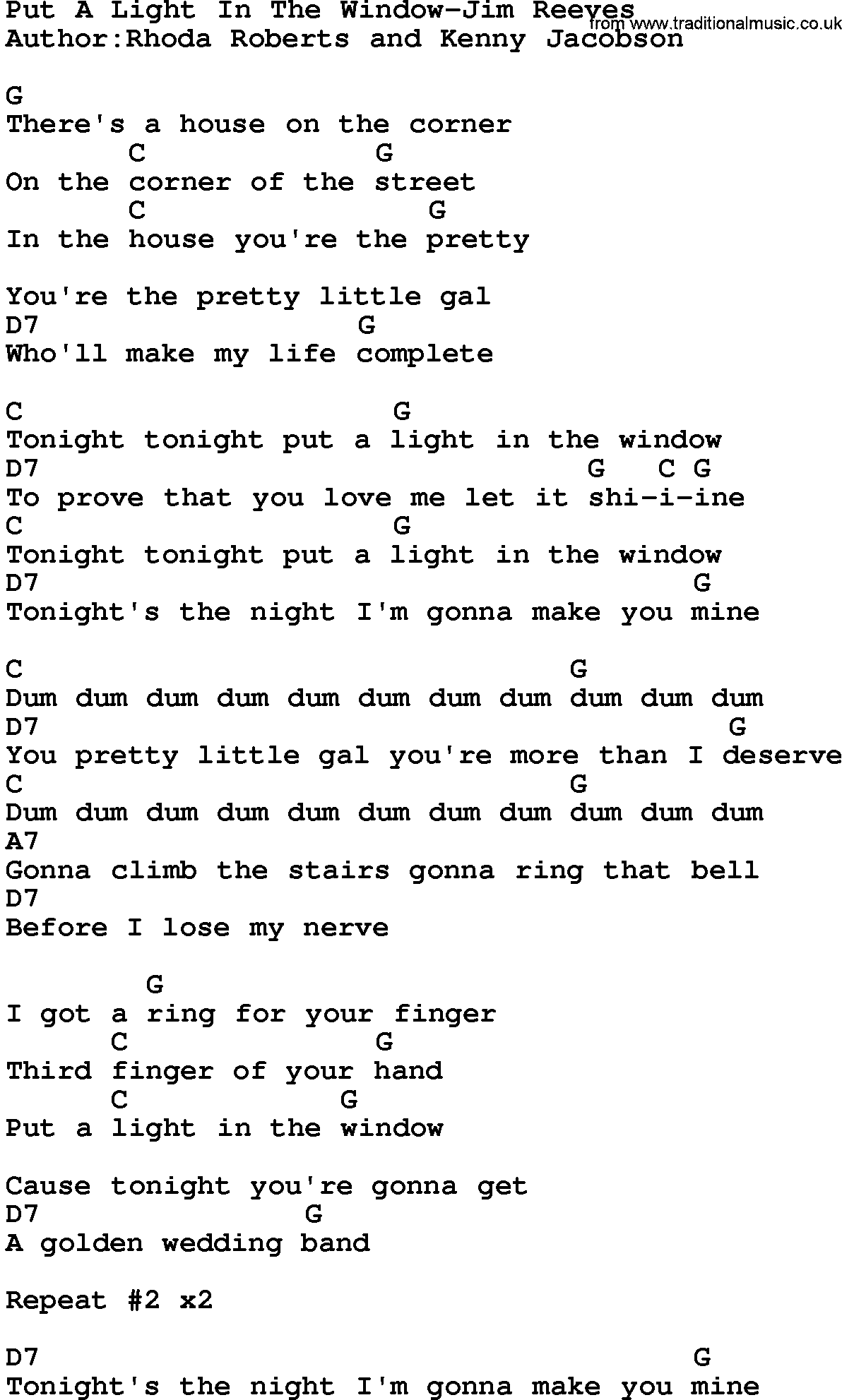 Country music song: Put A Light In The Window-Jim Reeves lyrics and chords