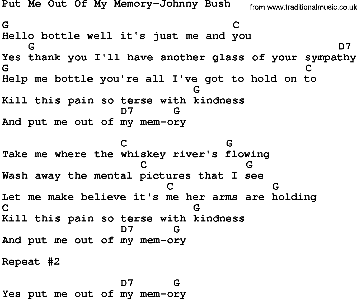 Country music song: Put Me Out Of My Memory-Johnny Bush lyrics and chords